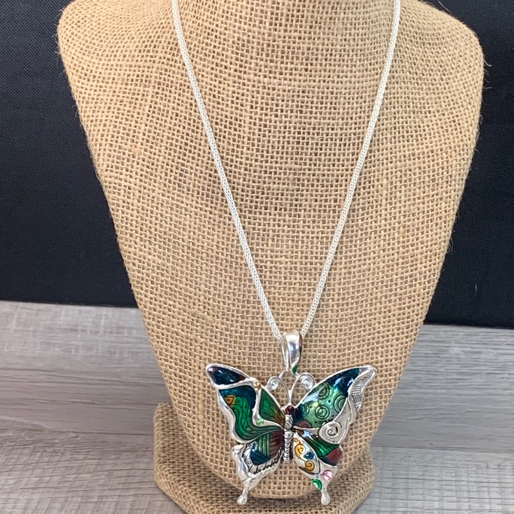 Silver Tone Enamel Butterfly Pendant Necklace Green Blue Rhinestone 16.5 inch